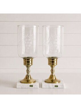 Vintage Italian Hurricane Candle Holder Set of 2 Brass Marble Etched Glass Pair